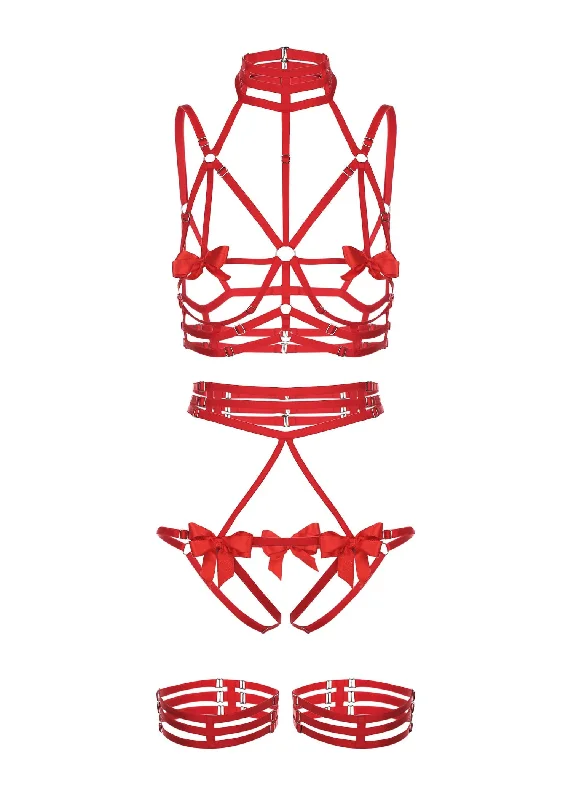 Night Of Secrets Set Open Bra, Ouvert Panties with Garters (Red)