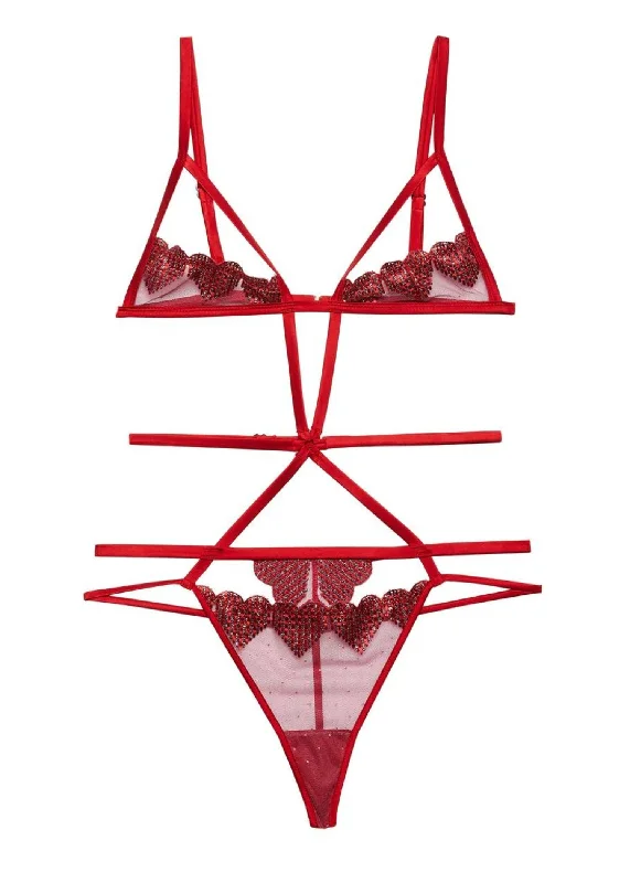 Heart Embroidery Ouvert Bodysuit (Rouge)