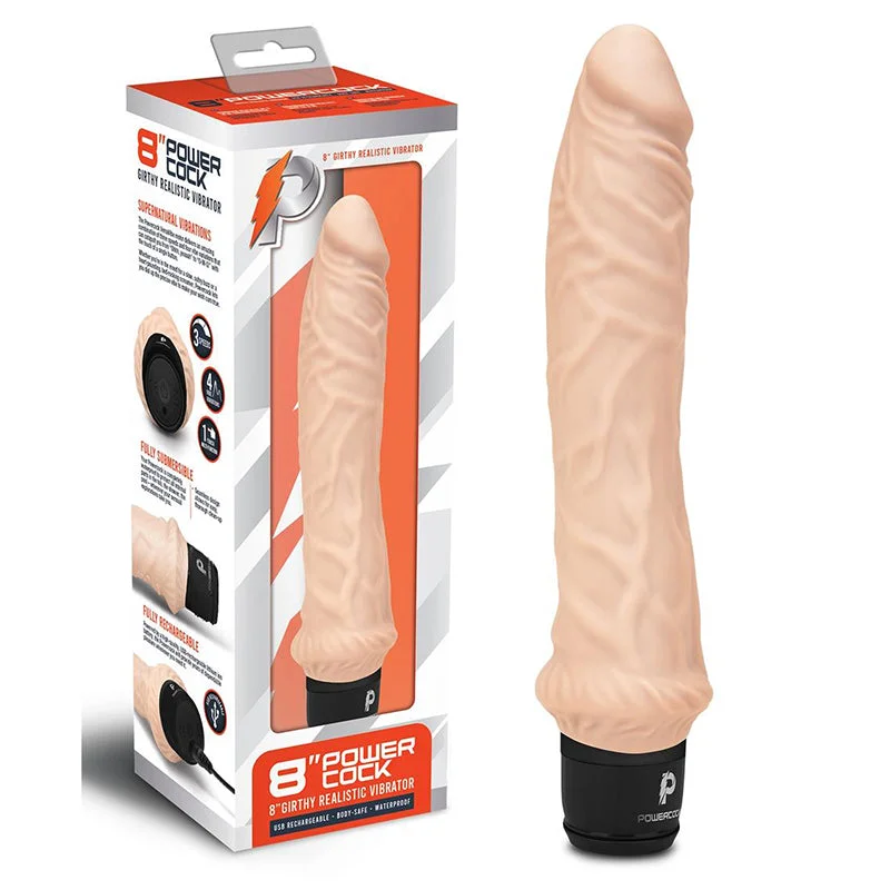 Powercock 8 in. Girthy Realistic Vibrator Rechargeable Silicone Vibrating Dildo Beige