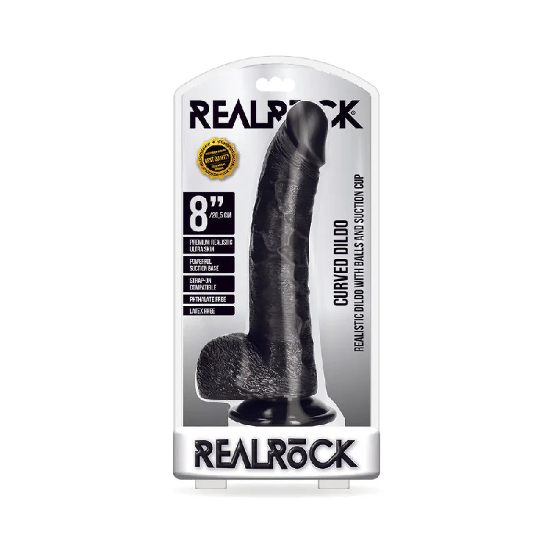 Realrock Curved Realistic Dildo With Balls And Suction Cup 8 In. Black