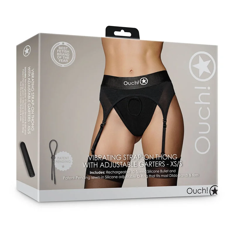 Shots Ouch! Vibrating Strap-on Thong with Adjustable Garters Black XS/S