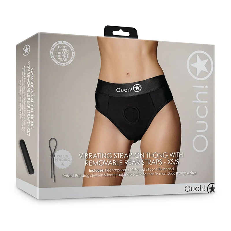 Shots Ouch! Vibrating Strap-on Thong with Removable Rear Straps Black XS/S