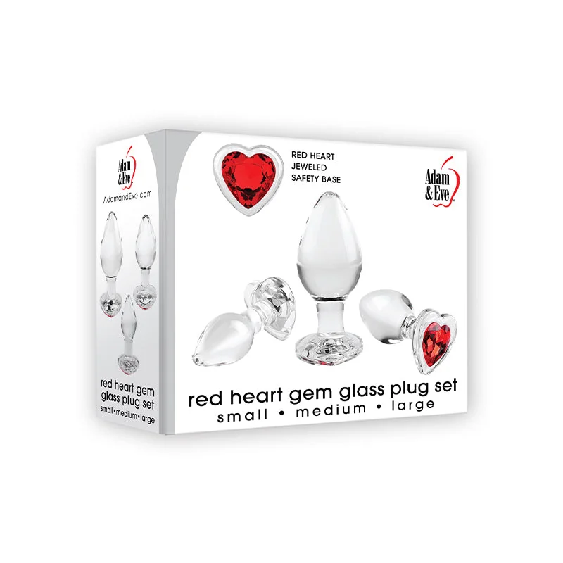 Adam & Eve 3-Piece Glass Anal Plug With Red Gemstone Heart Base Set