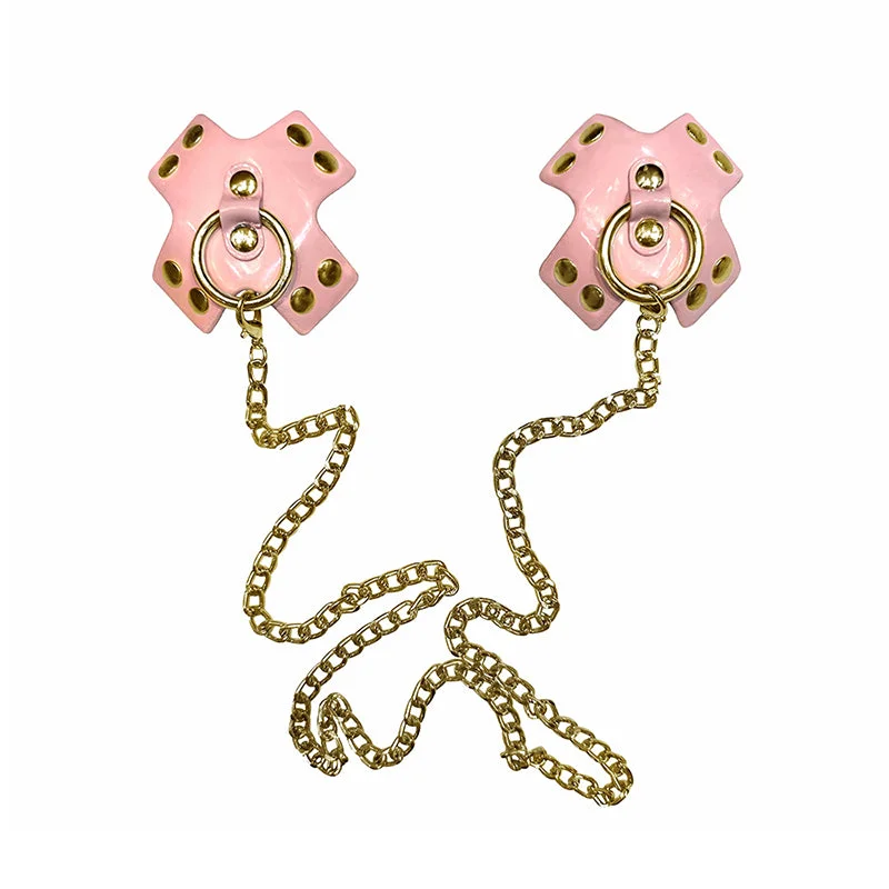 Neva Nude Pierced 'N Punked Pink Leather Gold Chain Reusable Silicone Nipple Cover Pasties