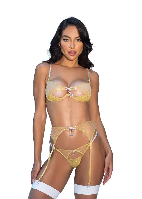 Gold Sparkle Lurex Yarn knit & Metallic Shimmer Mesh Bra, Garter belt & Thong Panty