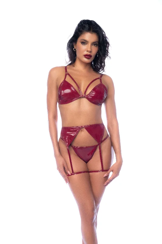 Red Gloss Vinyl Bralette, Garter Belt & Thong Panty Lingerie Set