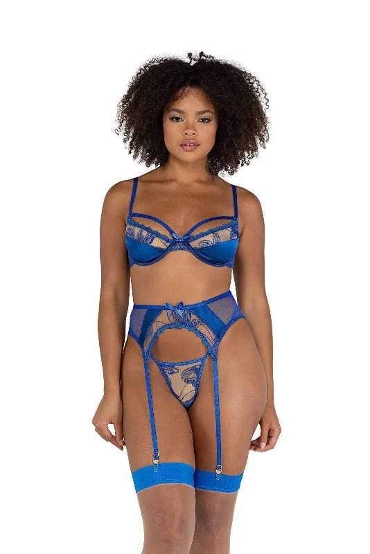 3 Pc. Blue Embroidery & Satin Underwire Bra, G-String Panty, & Garter Lingerie Set