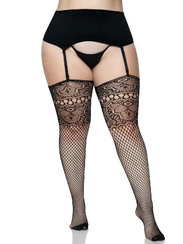 Lace Top Fishnet Backseam Stockings - 1x-2x -  Black