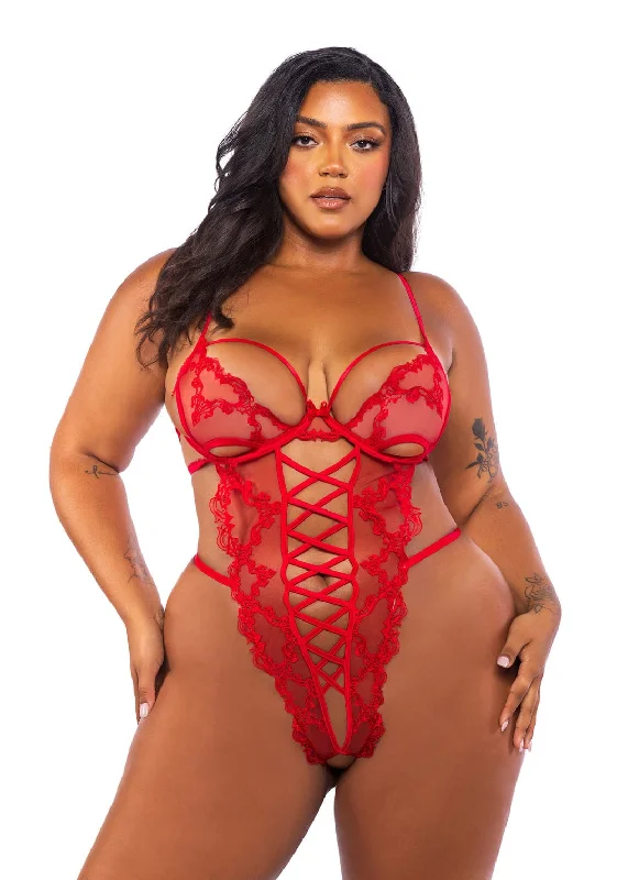 Plus Size Red Embroidered Lace & Satin Crotchless G-string Teddy Lingerie