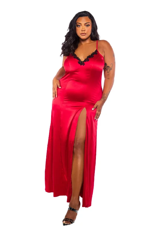 Plus Size Red Venise Lace Trim & Stretch Satin Flare Skirt Long Nightgown Lingerie