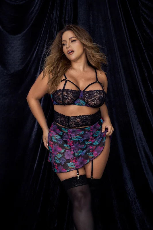 Plus Size Sexy Black Dream Flower Print Bra, Thong & Skirt 3 Pc. Lingerie Set