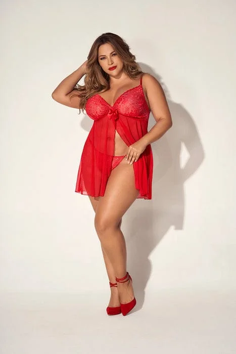 Plus Size Sexy Red Sheer Mesh & Lace Top w/ Thong Babydoll Lingerie (Black also Available)