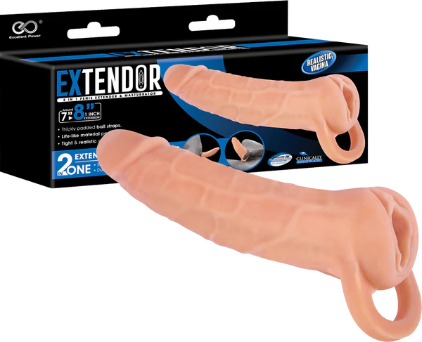 EXTENDOR 8 inch 2 in 1 Penis Extender with Ball Strap and Realistic Vagina Masturbator