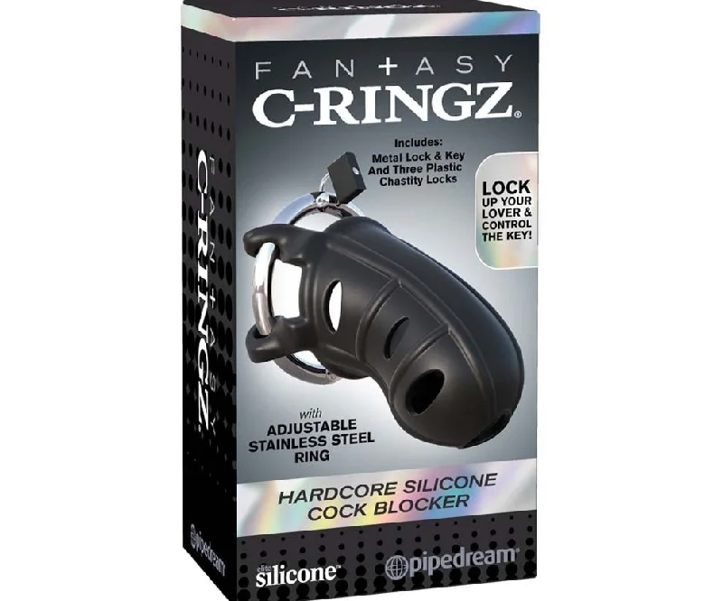 Pipedream Fantasy C Ringz Hardcore Silicone Cock Blocker Cage with Adjustable Stainless Steel Ring Black Cock Cage