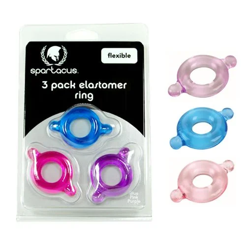 Spartacus Elastomer Stretch to Fit Flexible Cock Rings 3 Pack Blue Purple Pink